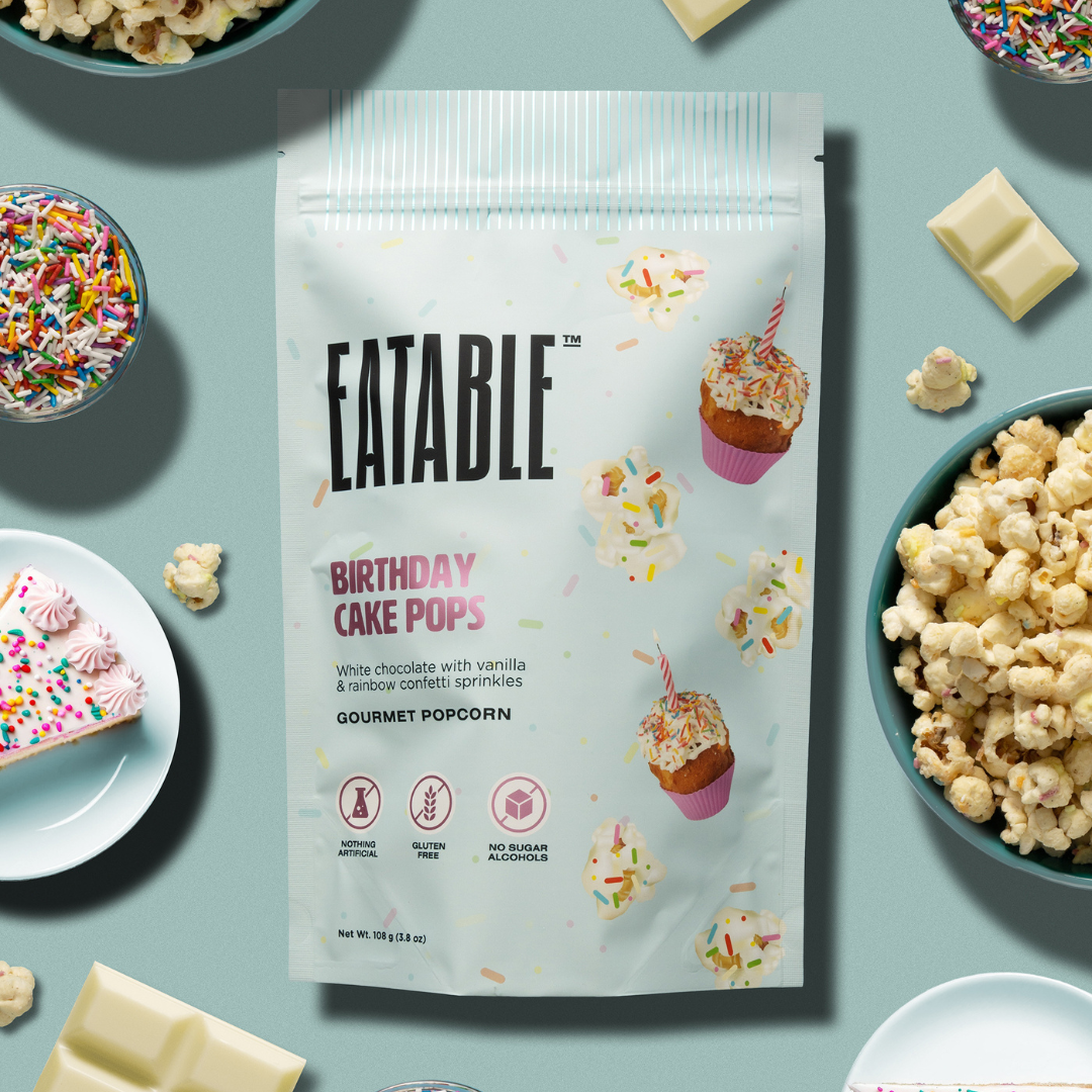 EATABLE Popcorn - Birthday Cake Pops - White Chocolate Rainbow Popcorn: US Package