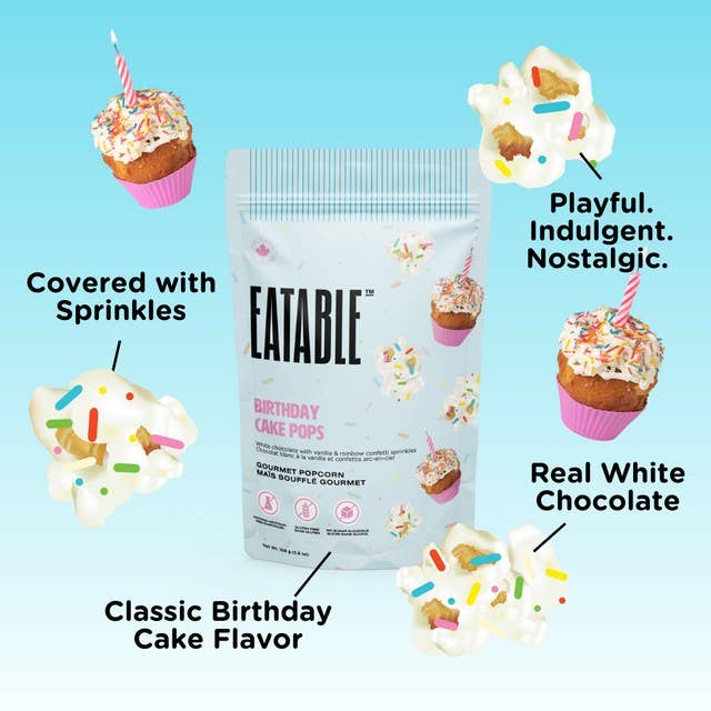 EATABLE Popcorn - Birthday Cake Pops - White Chocolate Rainbow Popcorn: US Package