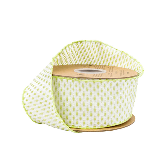 LA Ribbons Wholesale - 2 1/2" Wired Ribbon | Lime Green/White Woven | 10 Yard Roll