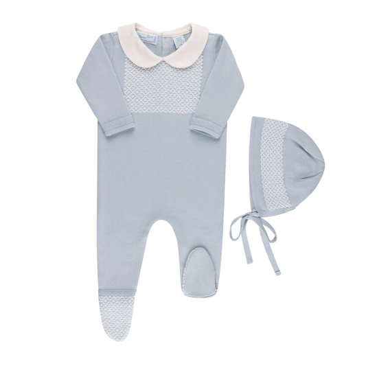 Feltman Brothers - Baby & Toddler Boys Jacquard Collared Knit Romper & Bonnet: Powder Blue / 6/9M