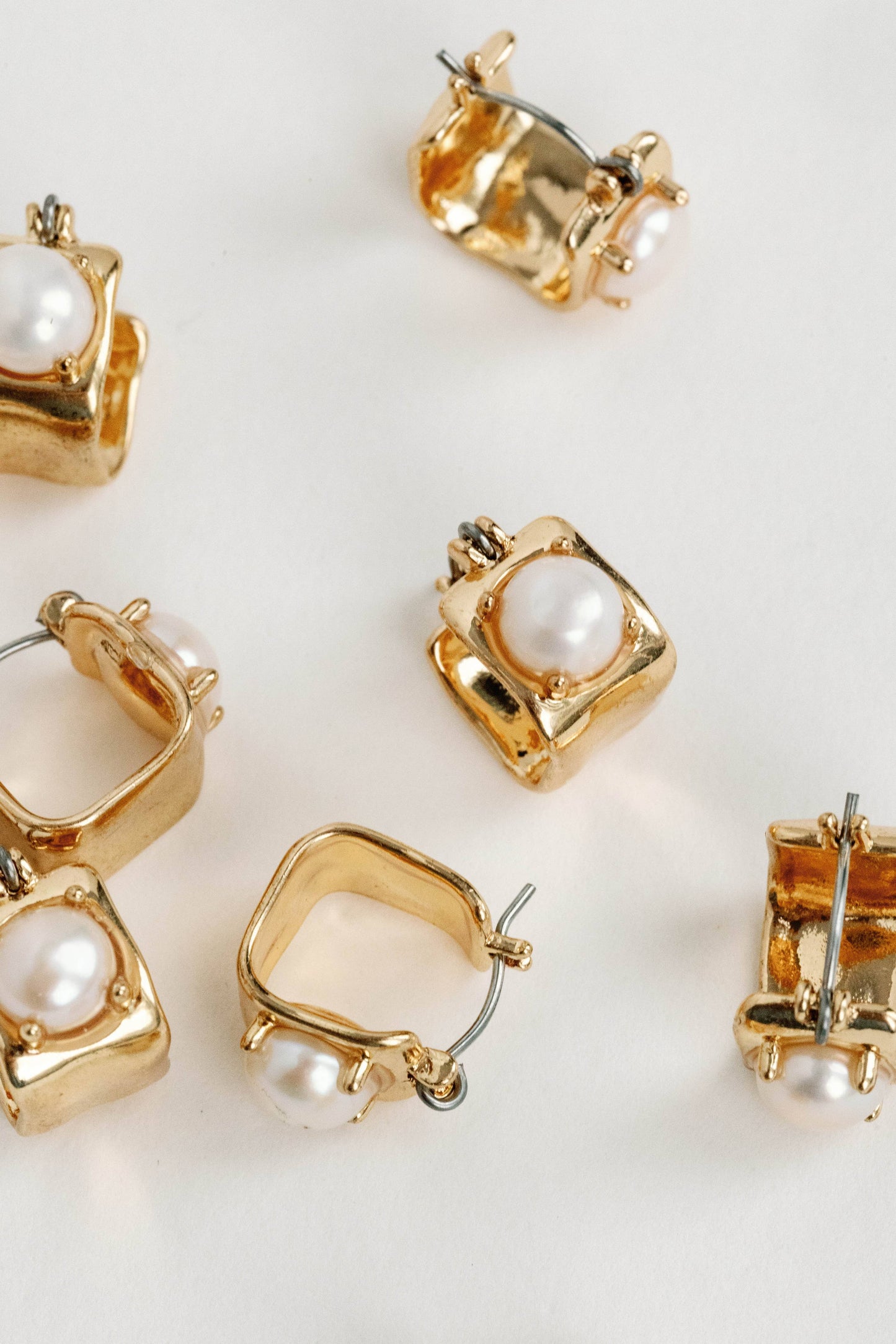 St Armands Designs of Sarasota - Vintage Mini Square Gold Pearl Huggie Hoop Earrings