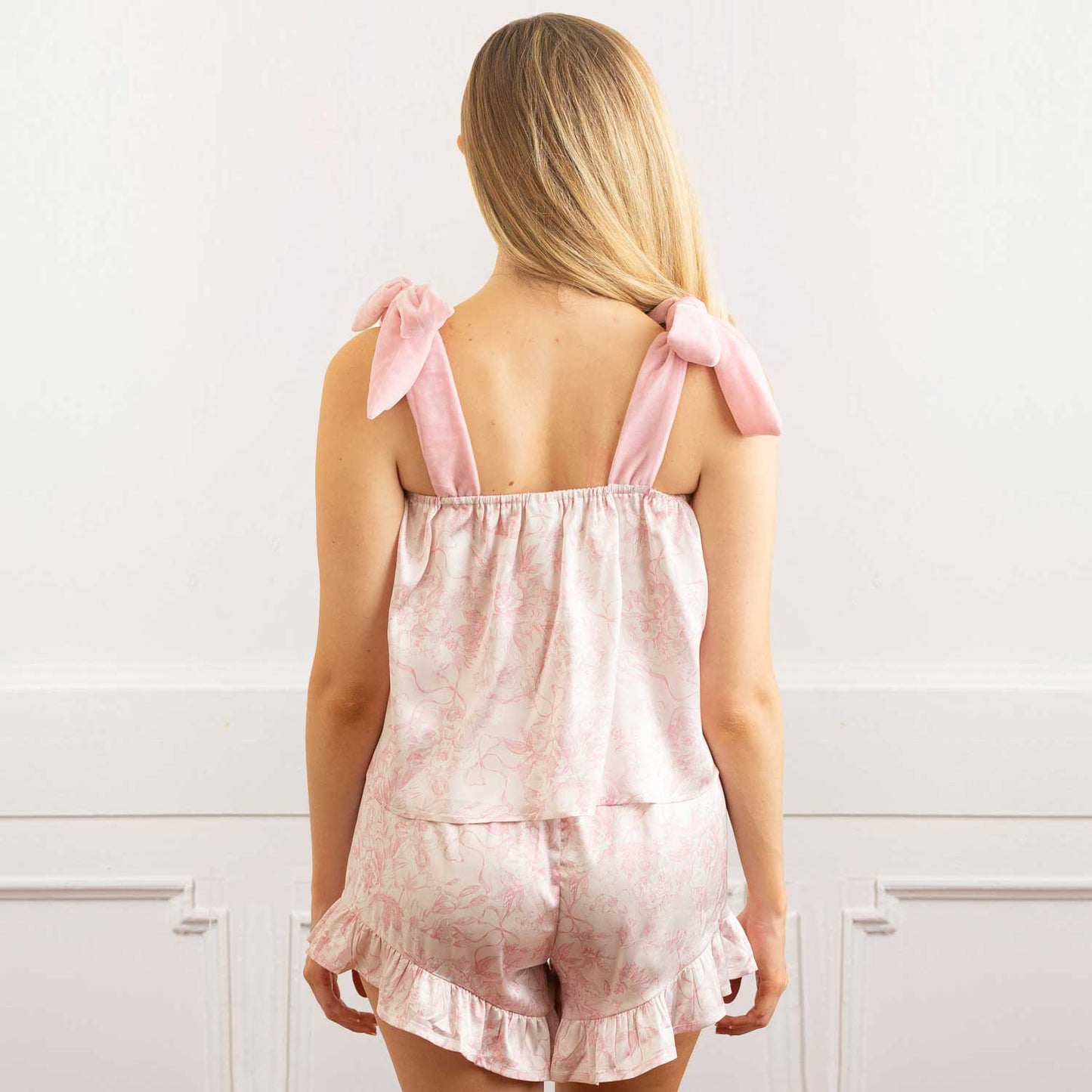 8 Oak Lane - Pink Bow Toile Tie Top Satin Ruffle Short PJ Set: XS/SM
