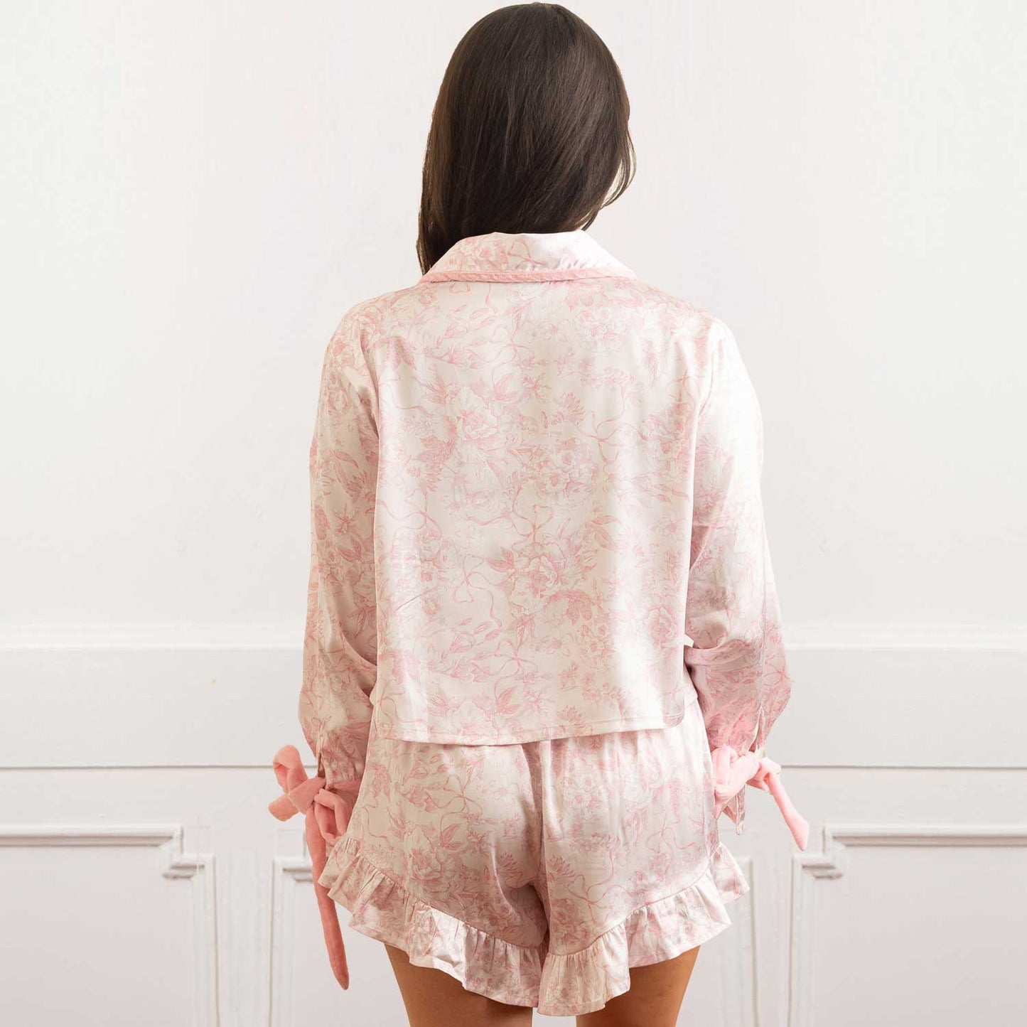 8 Oak Lane - Pink Bow Toile Satin Ruffle Short PJ Set: XS/SM