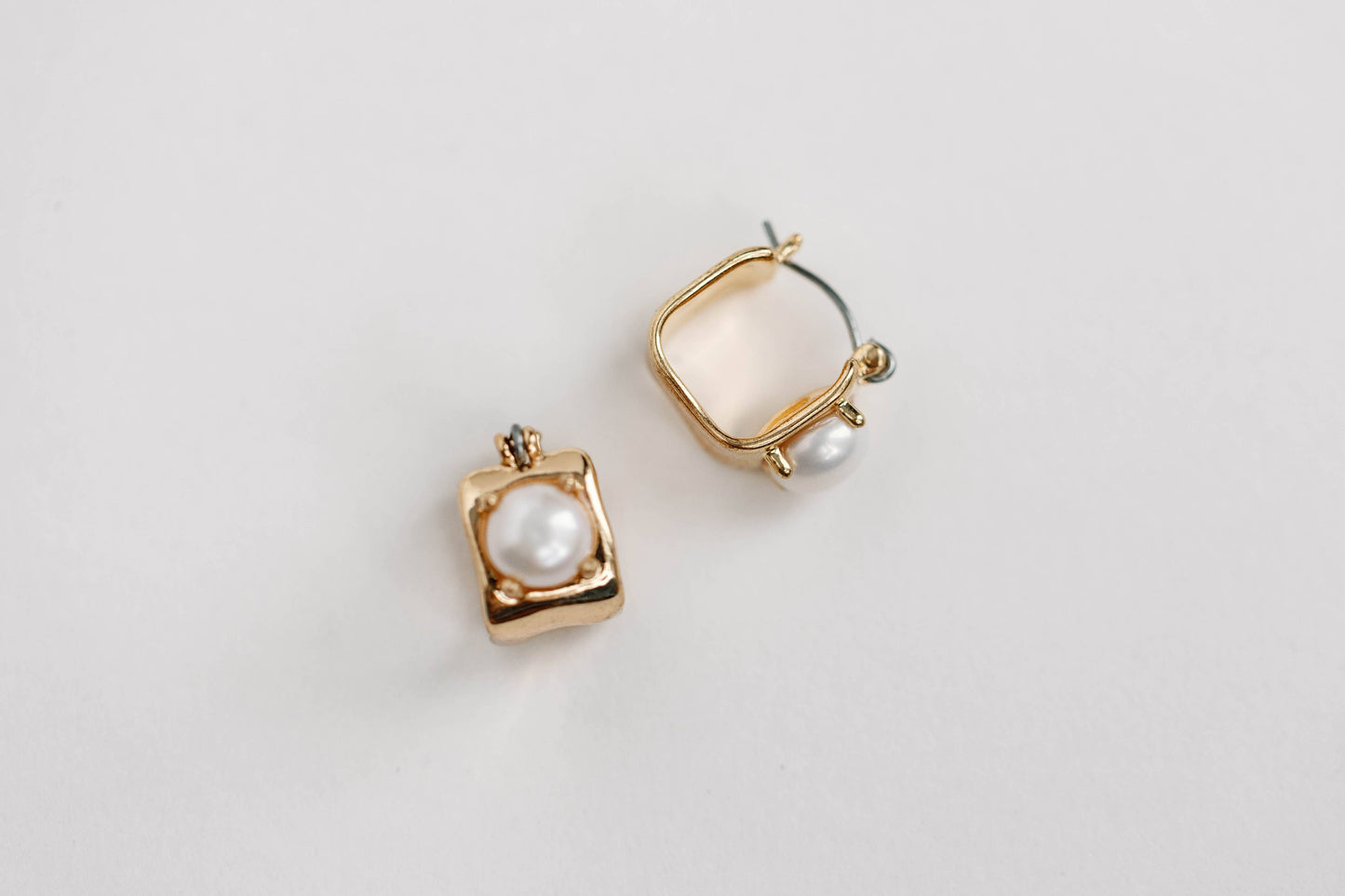 St Armands Designs of Sarasota - Vintage Mini Square Gold Pearl Huggie Hoop Earrings