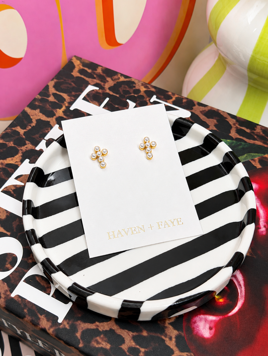 HAVEN + FAYE Collective - The Faith Pearl Mini Cross Earrings | 18k Gold Plated Stainless Steel
