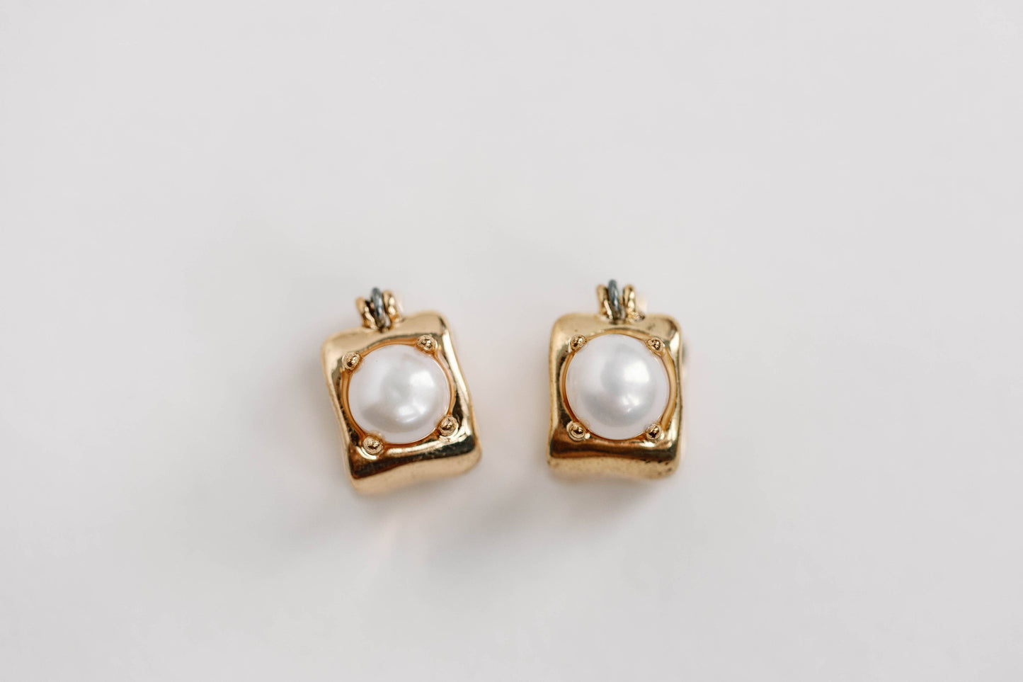 St Armands Designs of Sarasota - Vintage Mini Square Gold Pearl Huggie Hoop Earrings