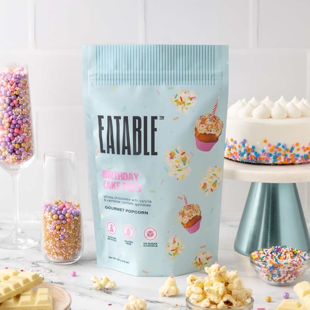 EATABLE Popcorn - Birthday Cake Pops - White Chocolate Rainbow Popcorn: US Package