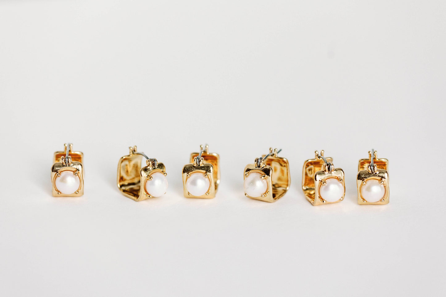 St Armands Designs of Sarasota - Vintage Mini Square Gold Pearl Huggie Hoop Earrings