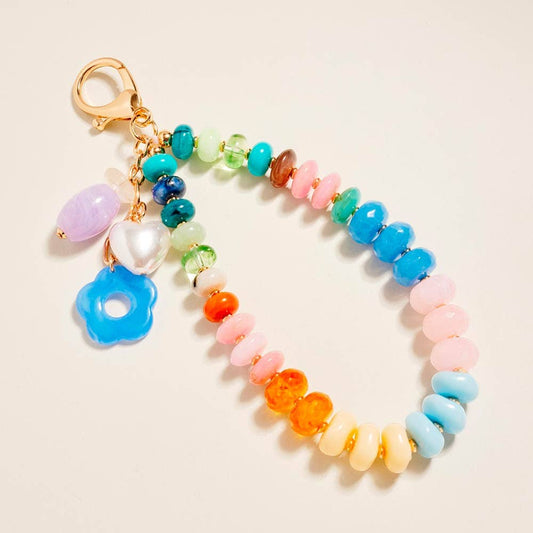 Sensibling Corp. - Flower Pearl Charm Accent Multicolor Beaded Wristlet Bag Charm Keychain