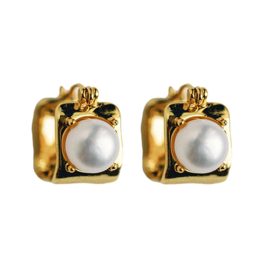 St Armands Designs of Sarasota - Vintage Mini Square Gold Pearl Huggie Hoop Earrings