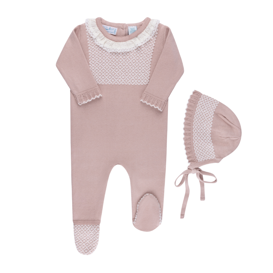 Feltman Brothers - Girls Jacquard Ruffled Knit Romper Footie & Bonnet: Pink / 0/3M