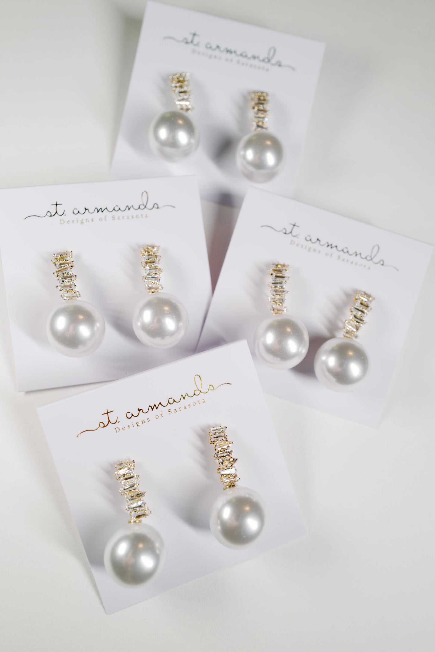 St Armands Designs of Sarasota - Crystal Baguette Pearl Drop Holiday Statement Earrings
