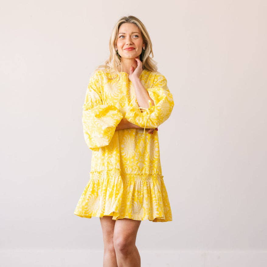 Sunshine Tienda - Citron Gilded Palm Khai Mini Dress: S