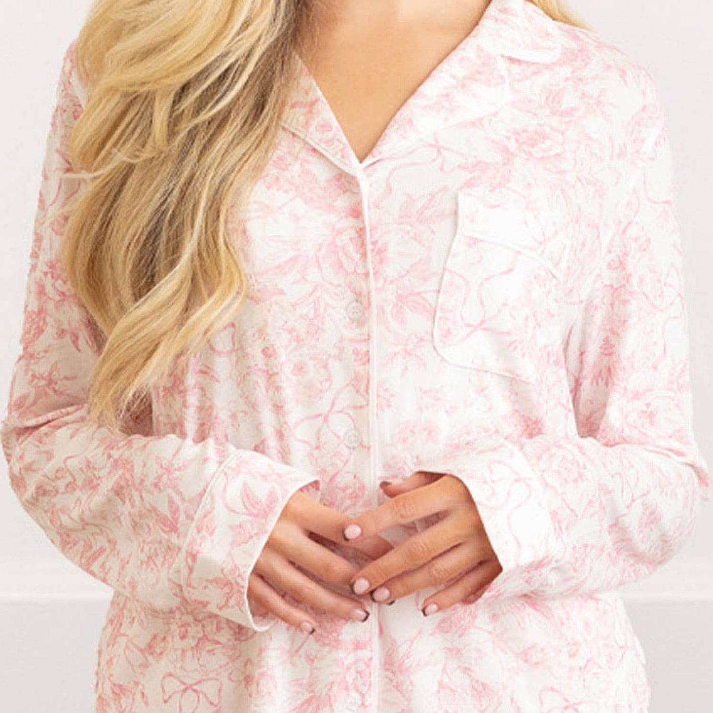 8 Oak Lane - Pink Bow Toile Luxe Long PJ Set: LG/XL