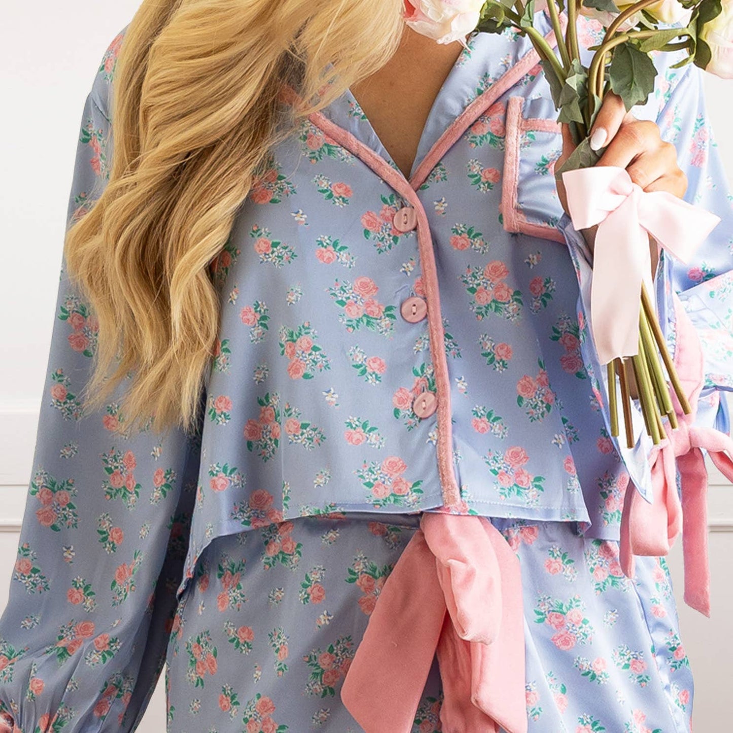 8 Oak Lane - Cottage Floral Periwinkle Satin Ruffle PJ Short Set: XS/S