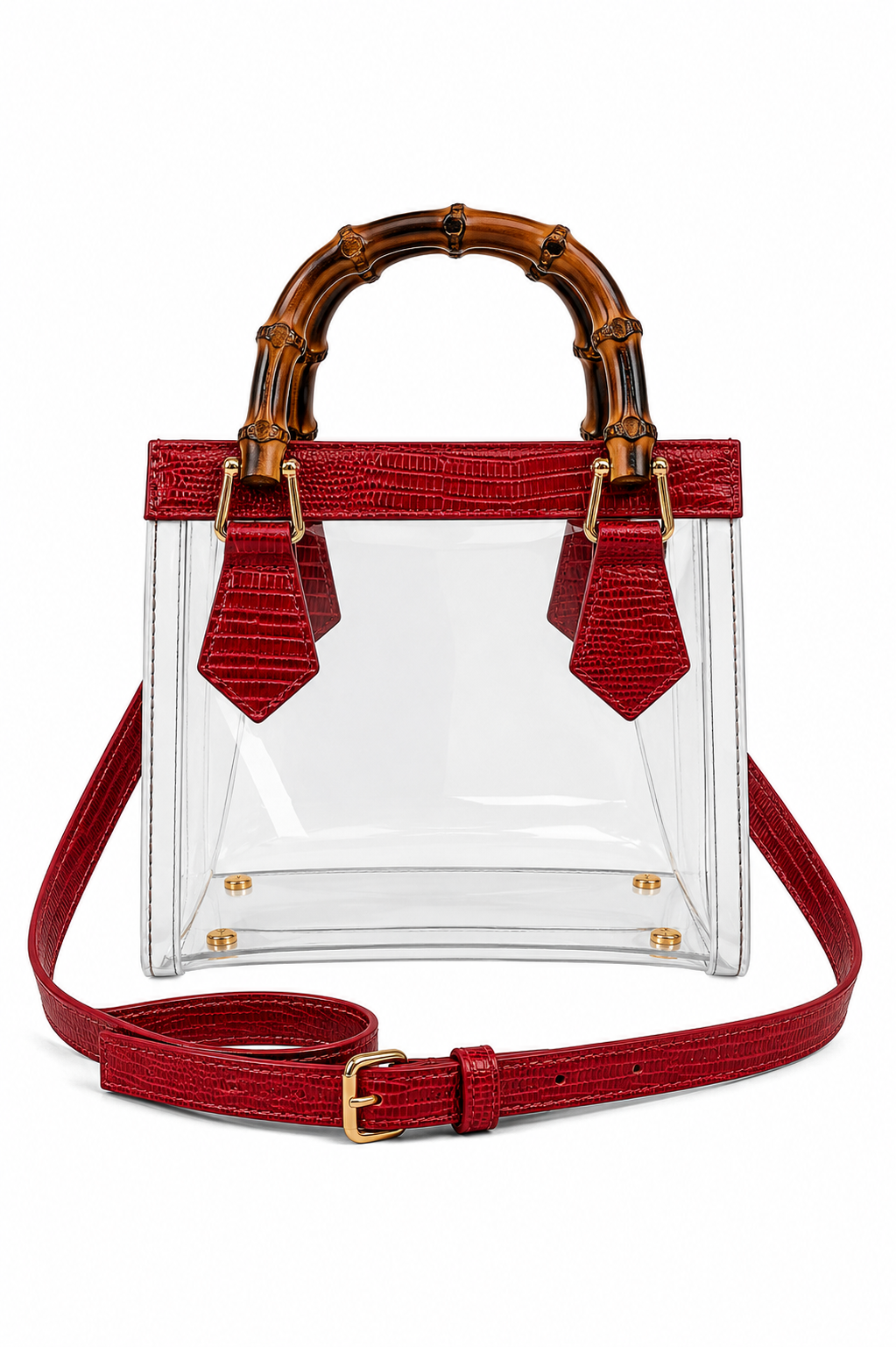 Gameday Luxe - Jules Bamboo Handle Clear Handbag: Red