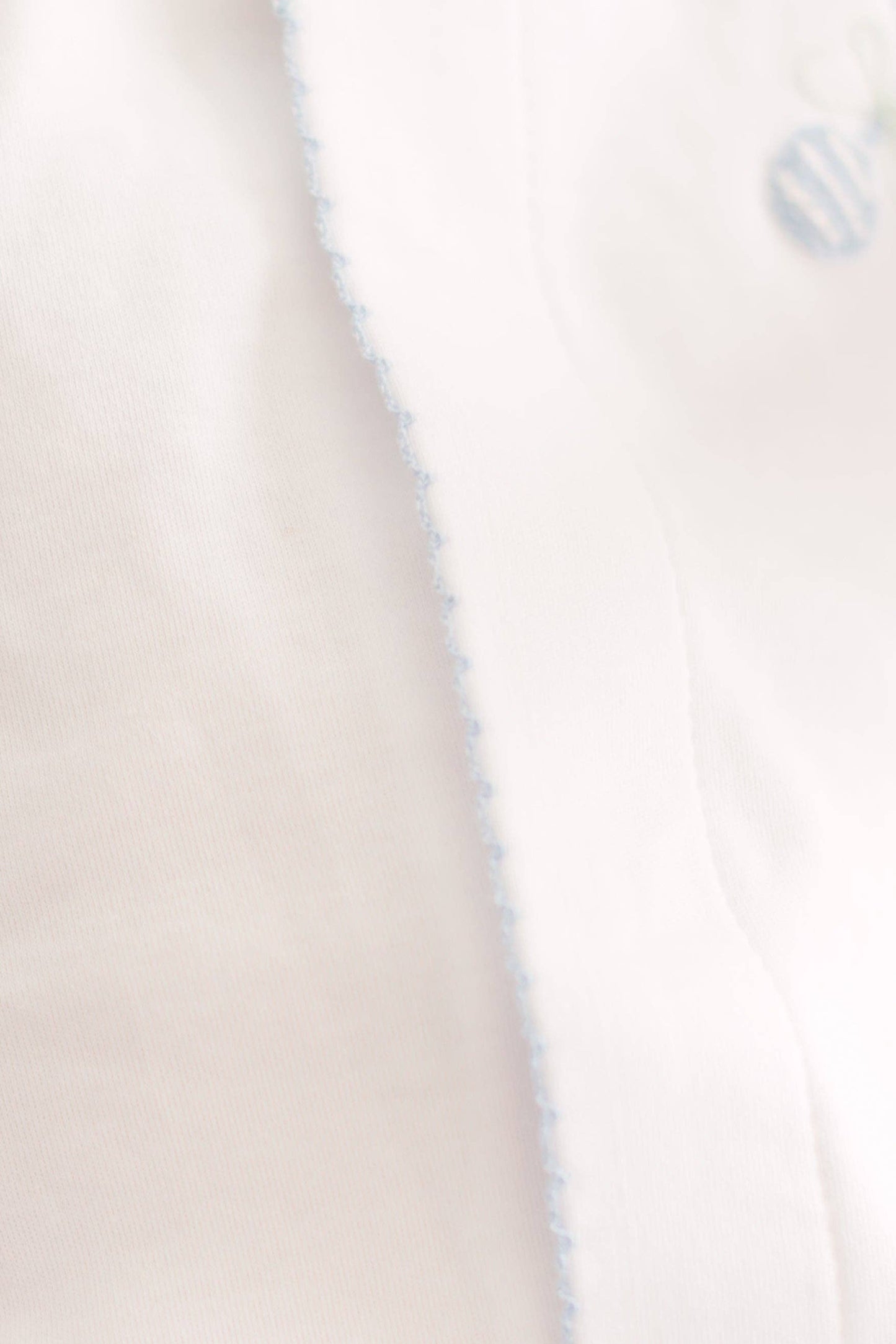 Winn and William - Baby Rattle Sleeper: White with Blue Picot Trim / 3 Month