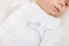 Winn and William - Baby Rattle Sleeper: White with Blue Picot Trim / 3 Month
