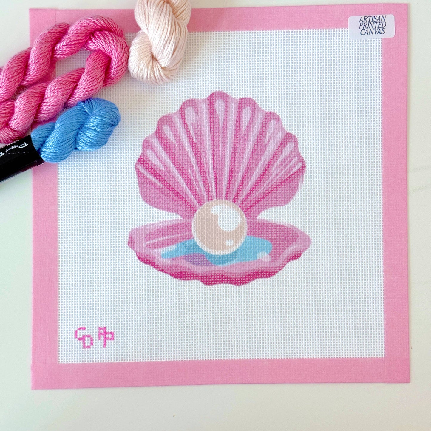 Cotswold Co Designs - Pink Pearl Shell Needlepoint Canvas, Artisan Printed Canvas,