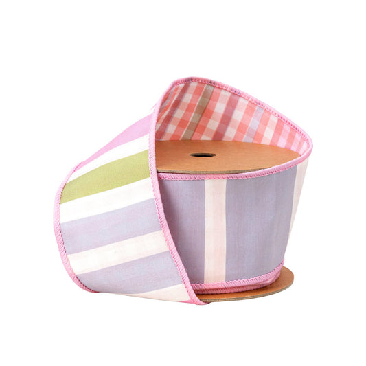 LA Ribbons Wholesale - 2 1/2" Wired Dupioni Ribbon | Green/Pink/Purple Large Horizontal Stripe with Pink Gingham Backing | 10 Yard Roll