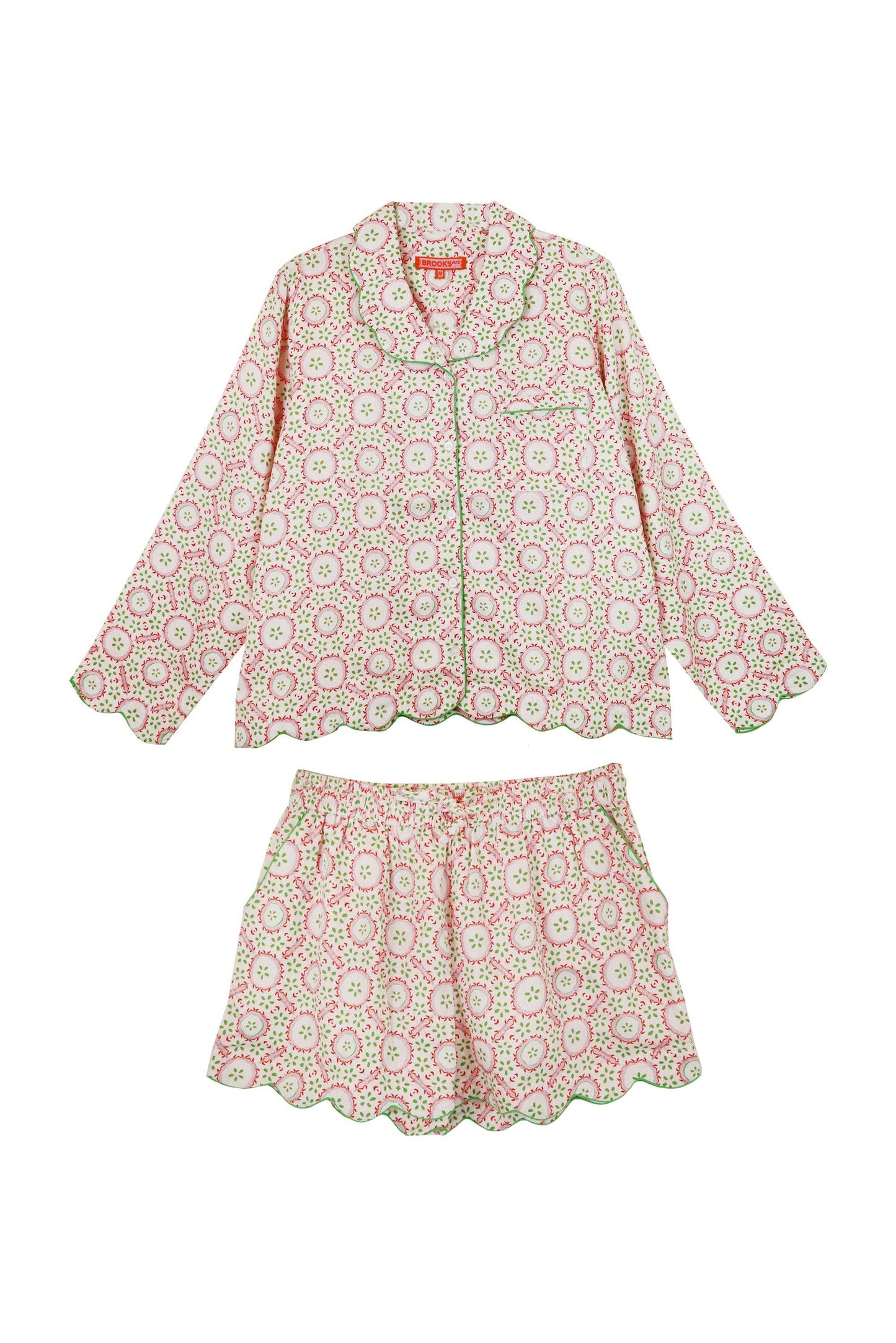 Brooks Avenue - Scalloped Pajama Set Shorts with Long Sleeve Top - Rosie: Medium