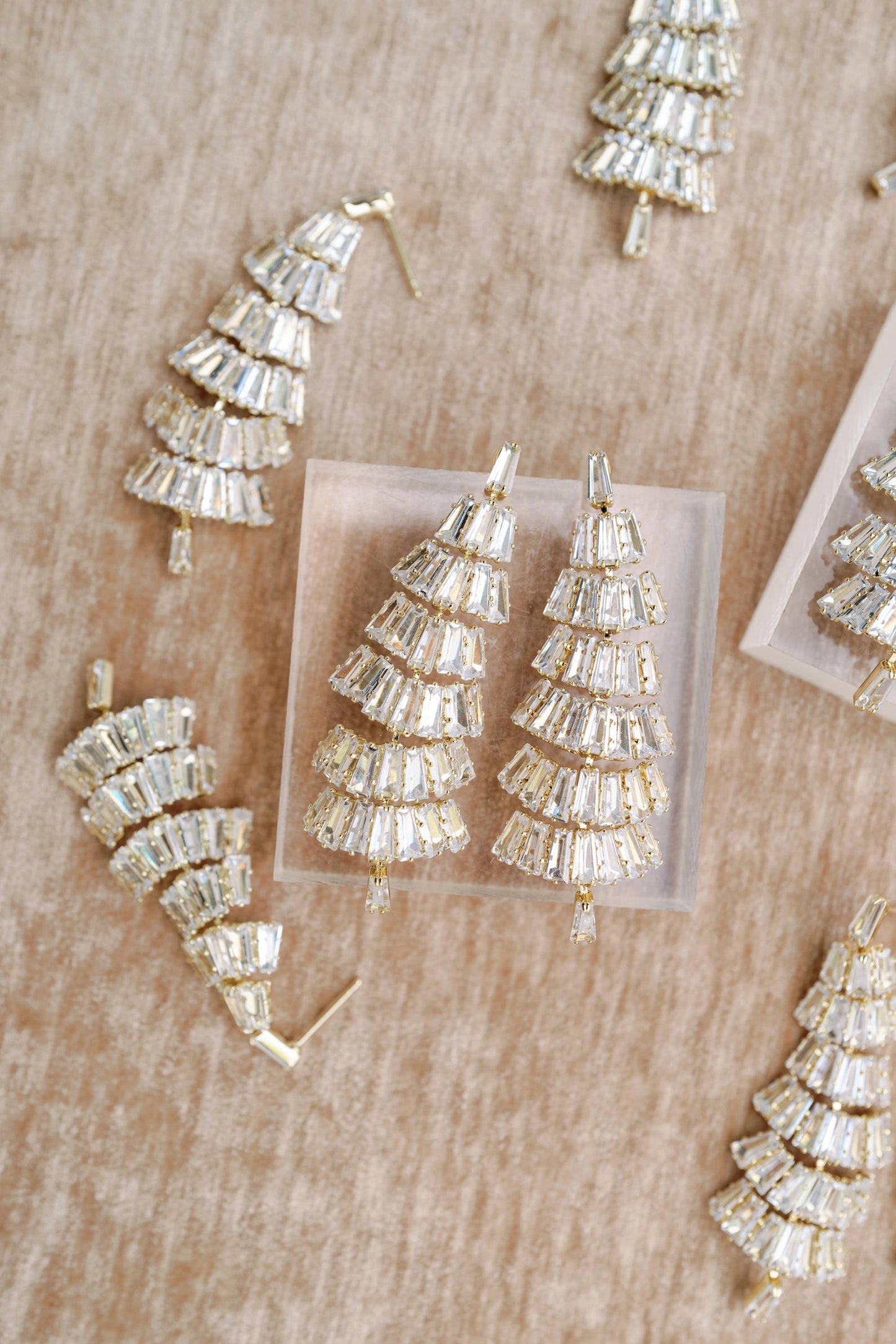 St Armands Designs of Sarasota - Baguette Crystal Christmas Tree Holiday Statement Earrings