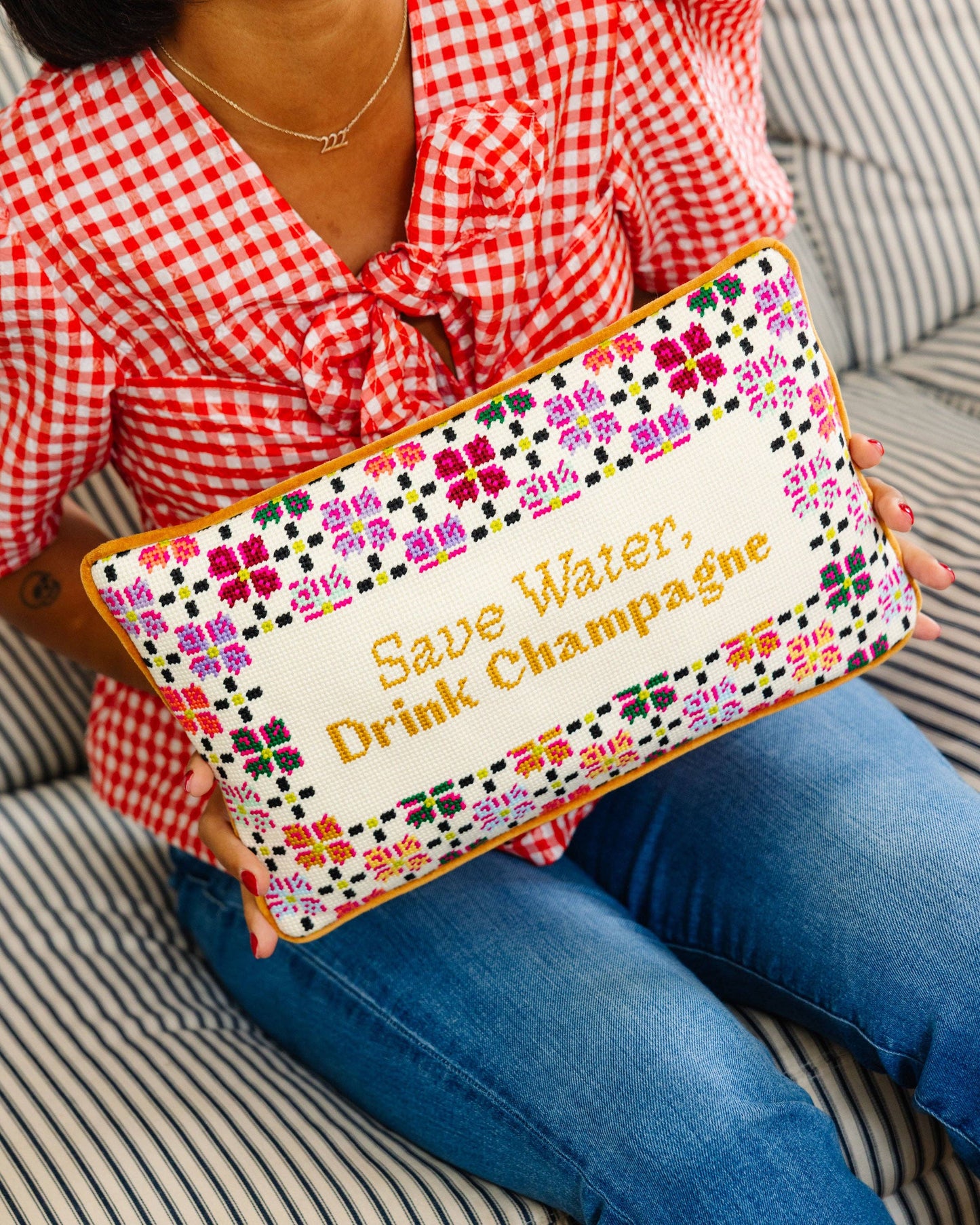 Furbish Studio - Drink Champagne Needlepoint Pillow