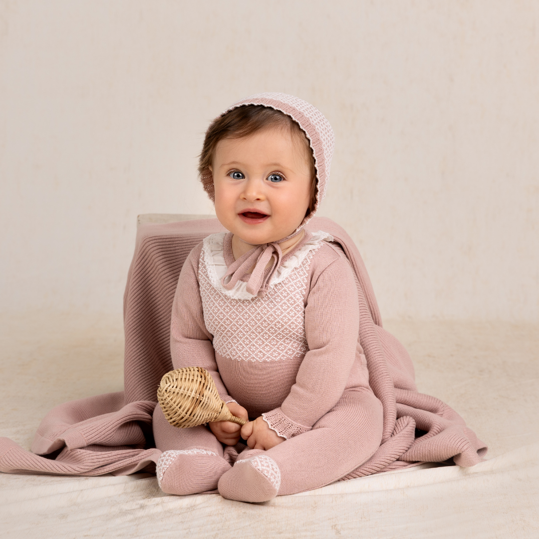 Feltman Brothers - Girls Jacquard Ruffled Knit Romper Footie & Bonnet: Pink / 0/3M