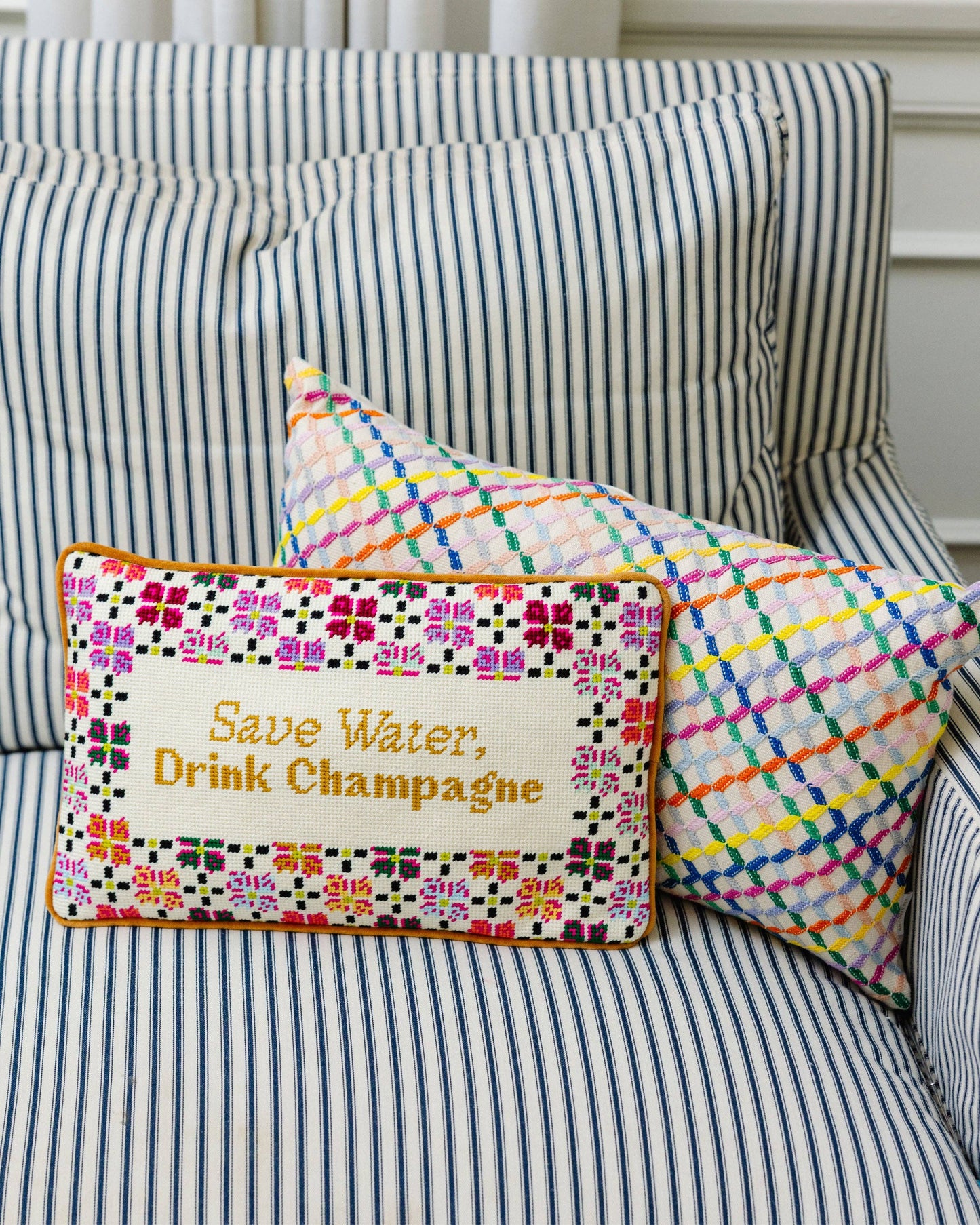 Furbish Studio - Drink Champagne Needlepoint Pillow