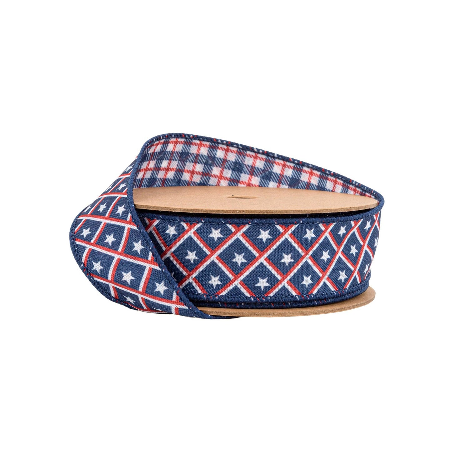 LA Ribbons Wholesale - 1 1/2" Wired Ribbon | Patriotic Diamond Stars/Plaid | 10 Yard Roll