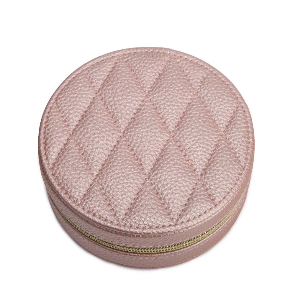 Leah Quilted Round Travel Jewelry Case: Pearl White