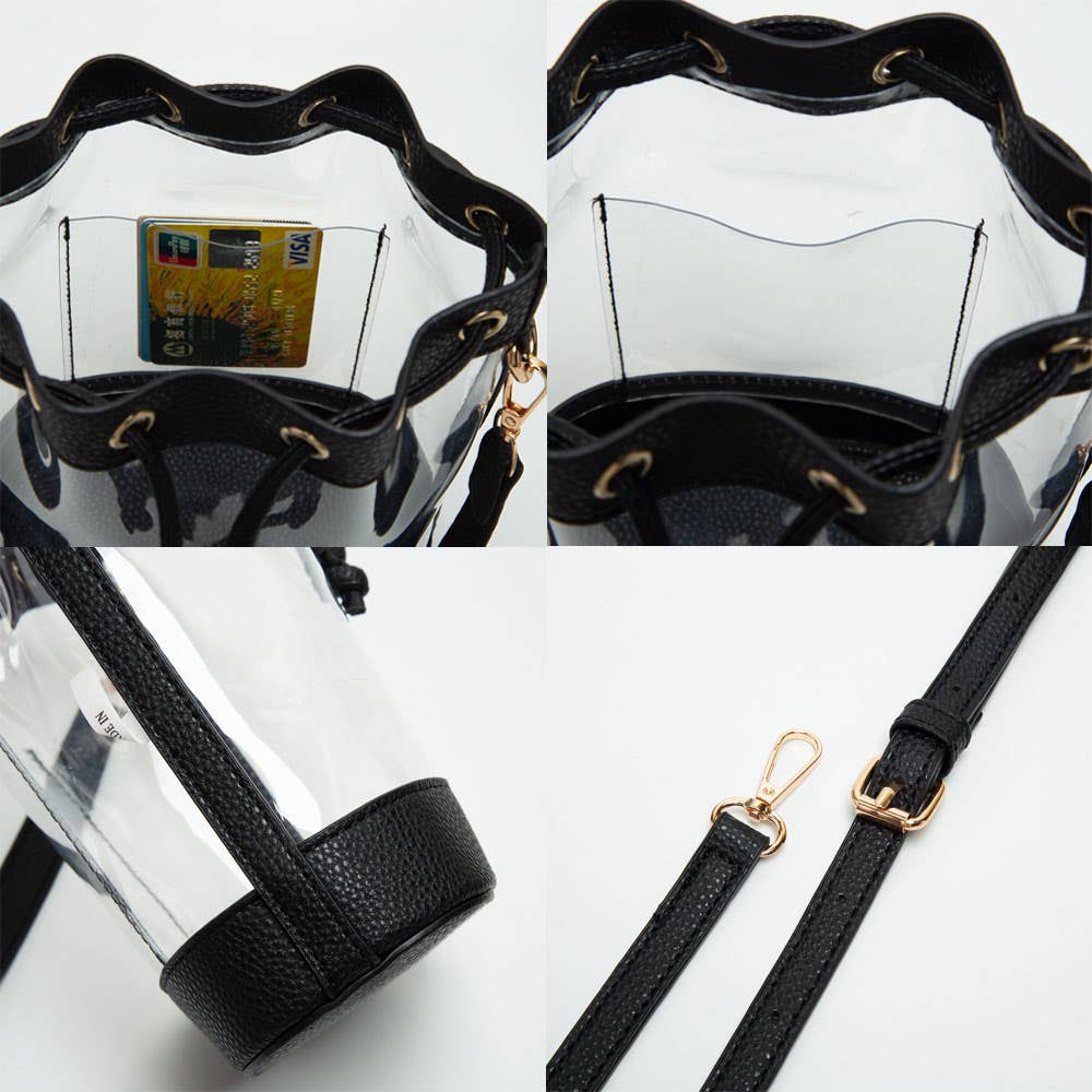 Solid Faux Leather Transparent Bucket Bag: Clear,Gray