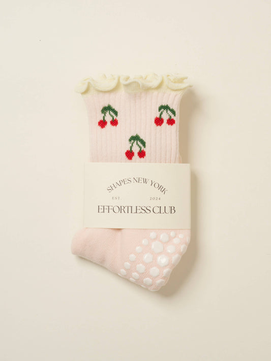 Effortless Club - 🍒 Cherry Ruffle Grip Sock [Baby Pink], Pilates Socks