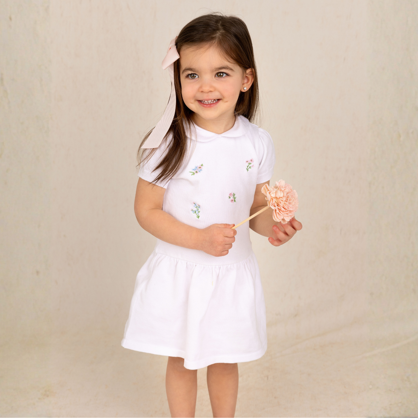 Feltman Brothers - Girls Embroidered Garden Knit Dress: White / 24M