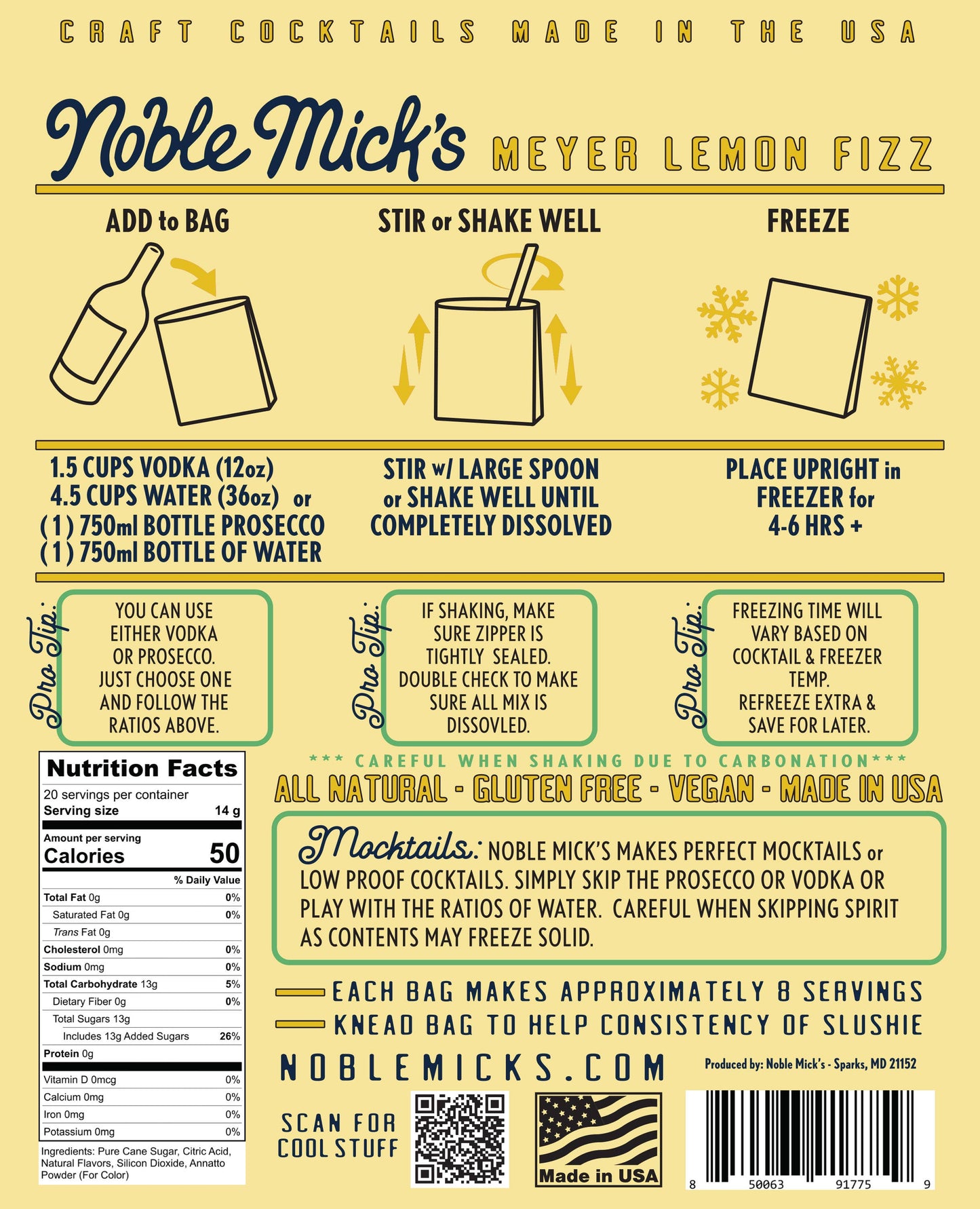 Noble Mick's - Craft Beverage Company - Meyer Lemon Fizz Frozen Cocktail -Just add Water + Prosecco