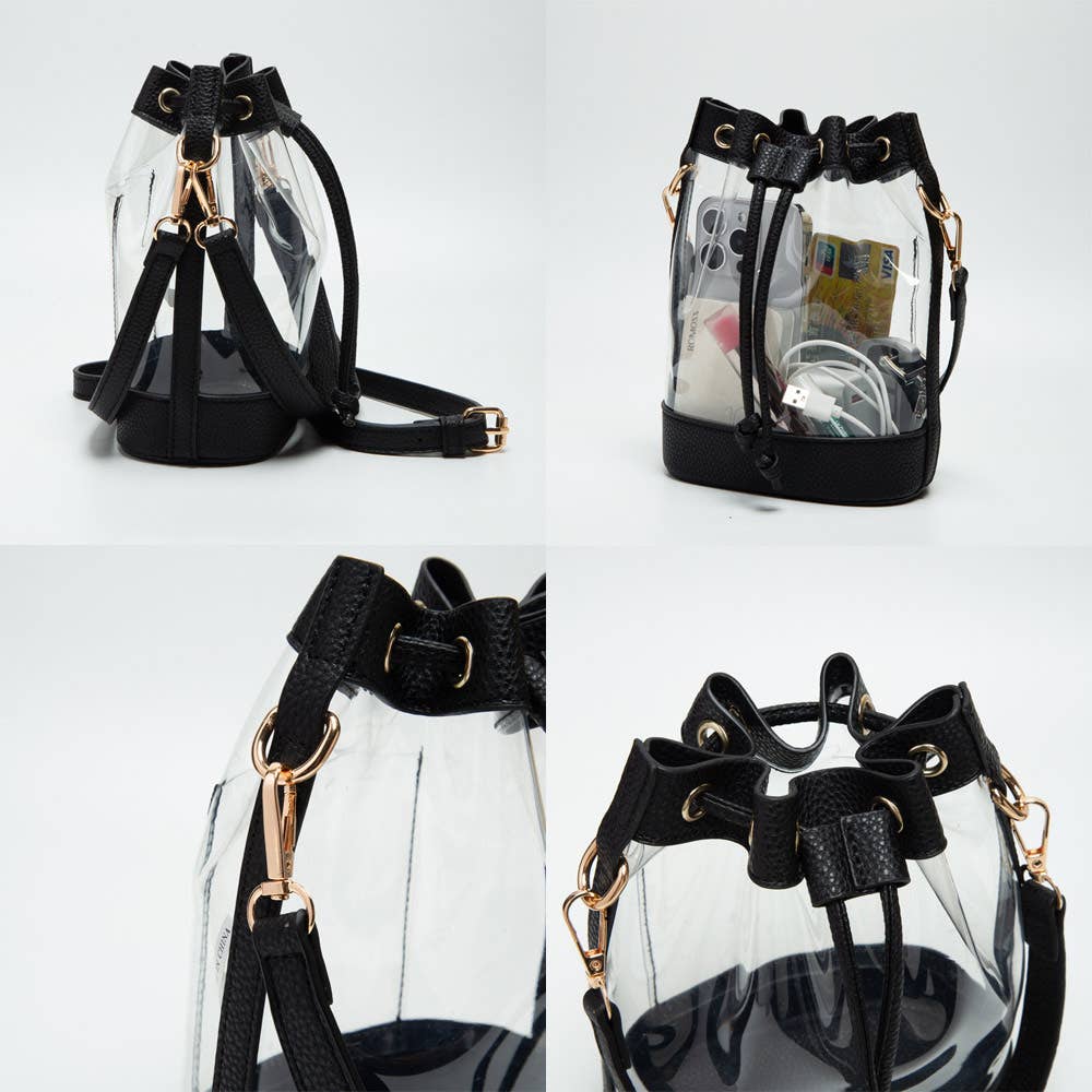 Solid Faux Leather Transparent Bucket Bag: Clear,Gray