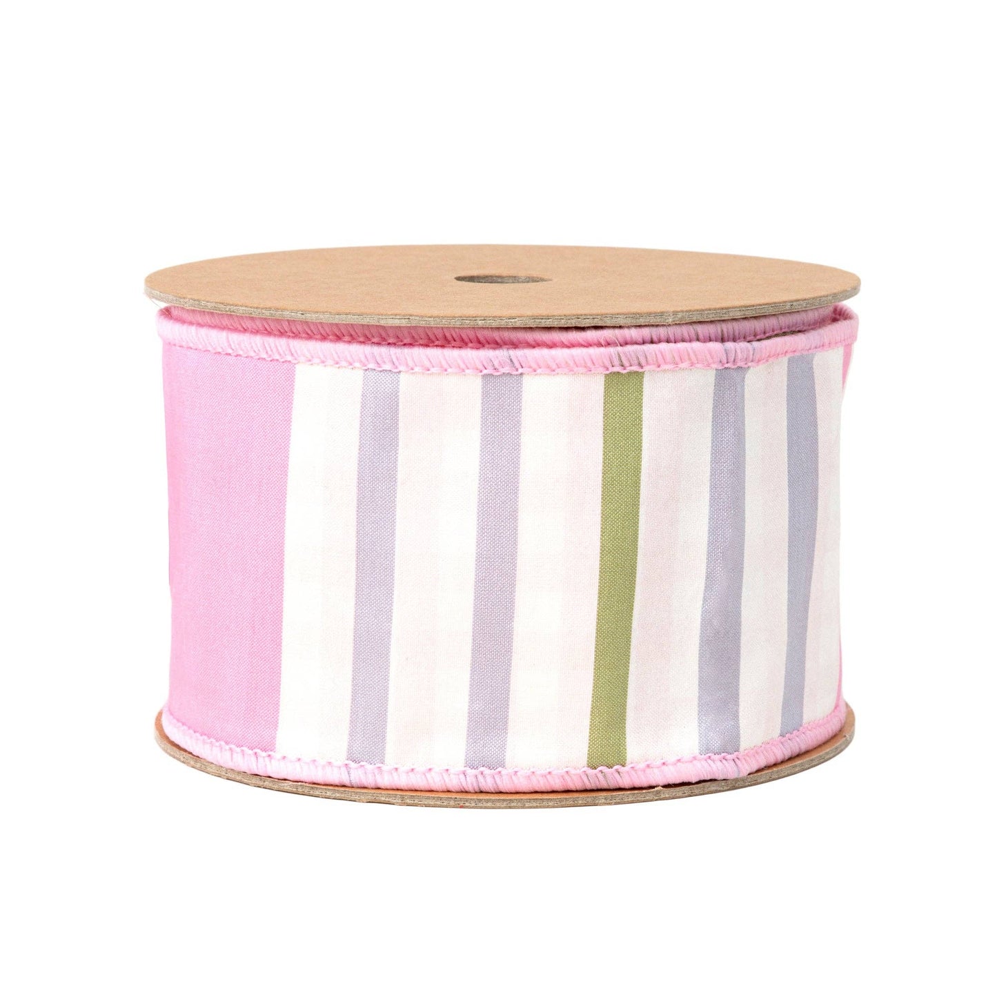 LA Ribbons Wholesale - 2 1/2" Wired Dupioni Ribbon | Green/Pink/Purple Large Horizontal Stripe with Pink Gingham Backing | 10 Yard Roll
