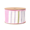 LA Ribbons Wholesale - 2 1/2" Wired Dupioni Ribbon | Green/Pink/Purple Large Horizontal Stripe with Pink Gingham Backing | 10 Yard Roll