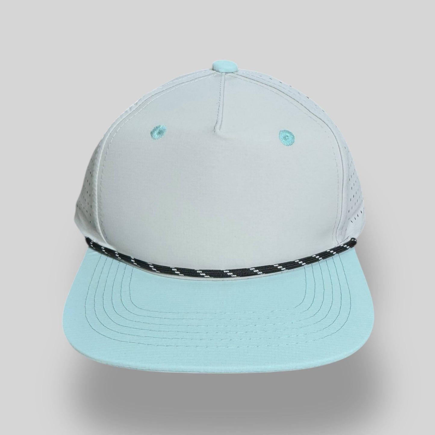 Blank Rope Hats - Perforated Structured Nylon Ripstop Ash Gray-Sky Blue / Black-White Rope