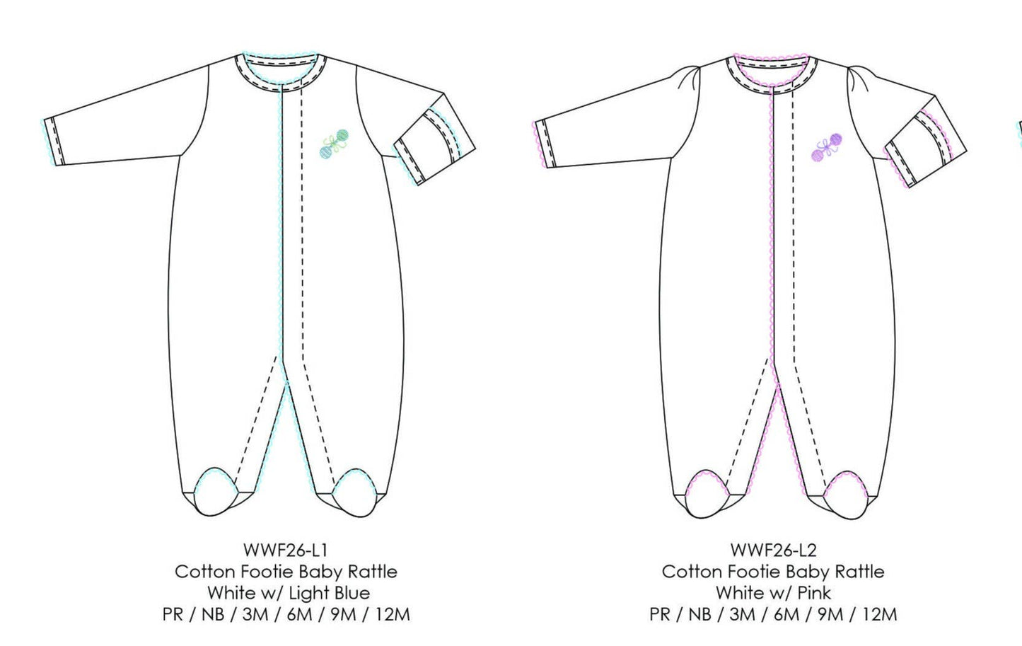 Winn and William - Baby Rattle Sleeper: White with Blue Picot Trim / 3 Month