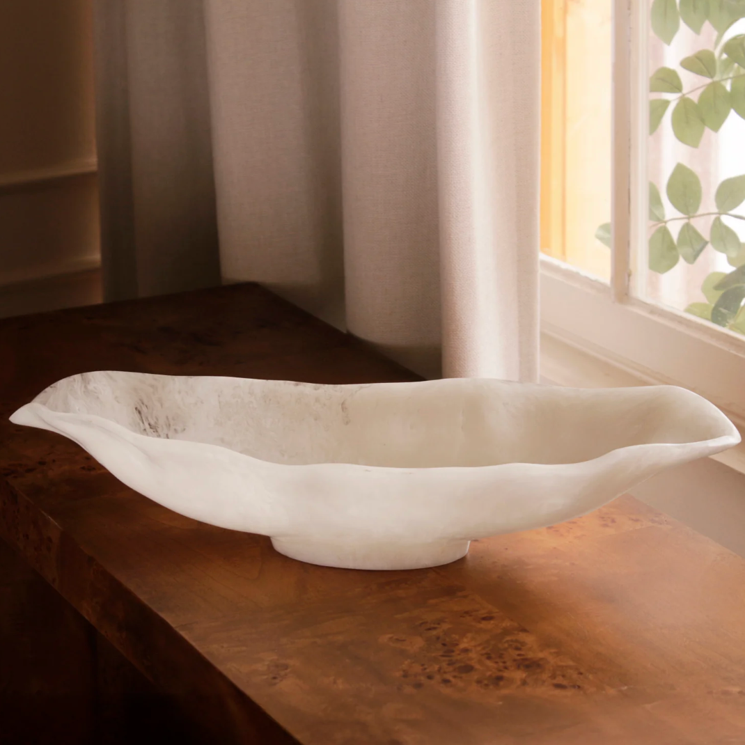 RESIN Alabaster Medium Oval Bowl White Swirl