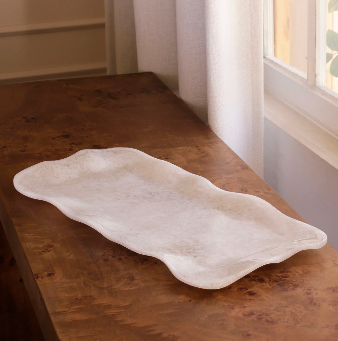 RESIN Alabaster Long Rectangle Tray White Swirl