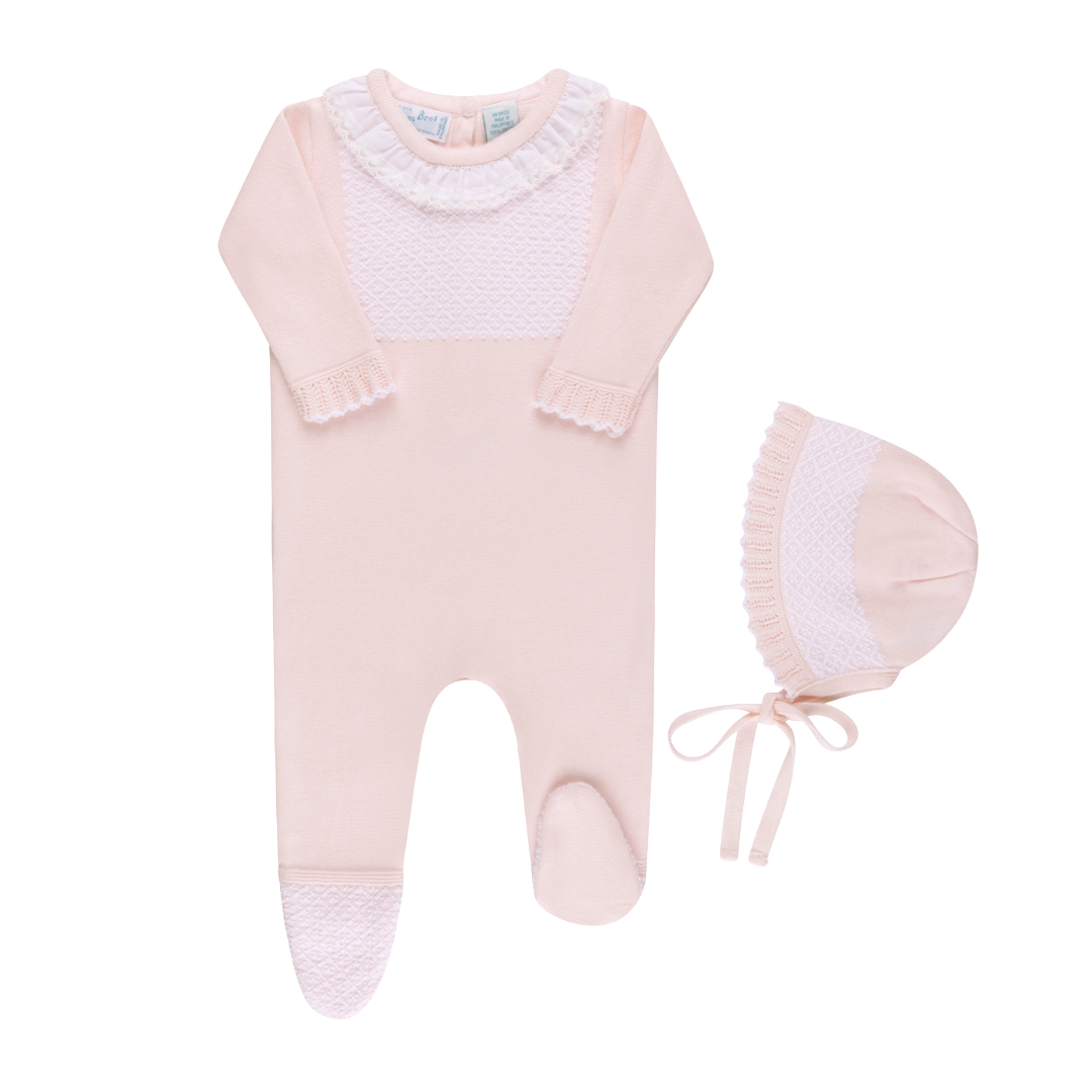 Feltman Brothers - Girls Jacquard Ruffled Knit Romper Footie & Bonnet: Pink / 0/3M