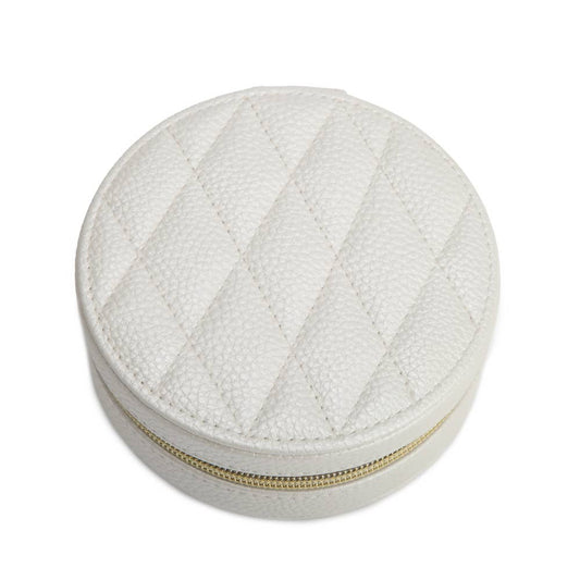 Leah Quilted Round Travel Jewelry Case: Pearl White