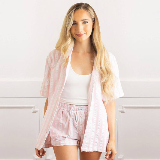 8 Oak Lane - Pink Textured Stripe Boxer PJ Set: L/XL