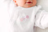 Winn and William - Baby Rattle Sleeper: White with Blue Picot Trim / 3 Month