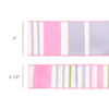 LA Ribbons Wholesale - 2 1/2" Wired Dupioni Ribbon | Green/Pink/Purple Large Horizontal Stripe with Pink Gingham Backing | 10 Yard Roll