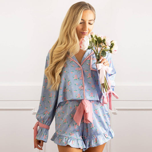 8 Oak Lane - Cottage Floral Periwinkle Satin Ruffle PJ Short Set: L/XL