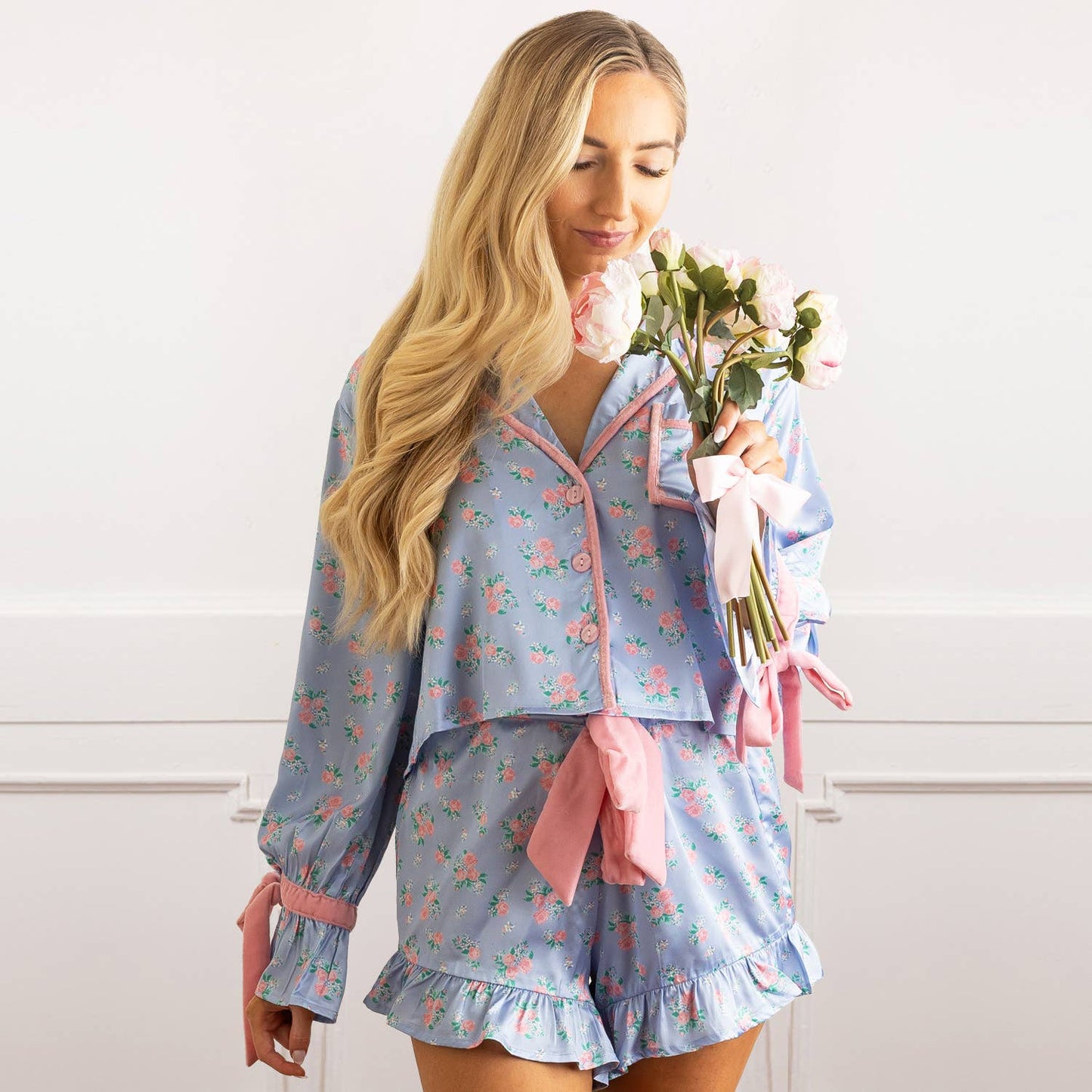 8 Oak Lane - Cottage Floral Periwinkle Satin Ruffle PJ Short Set: M