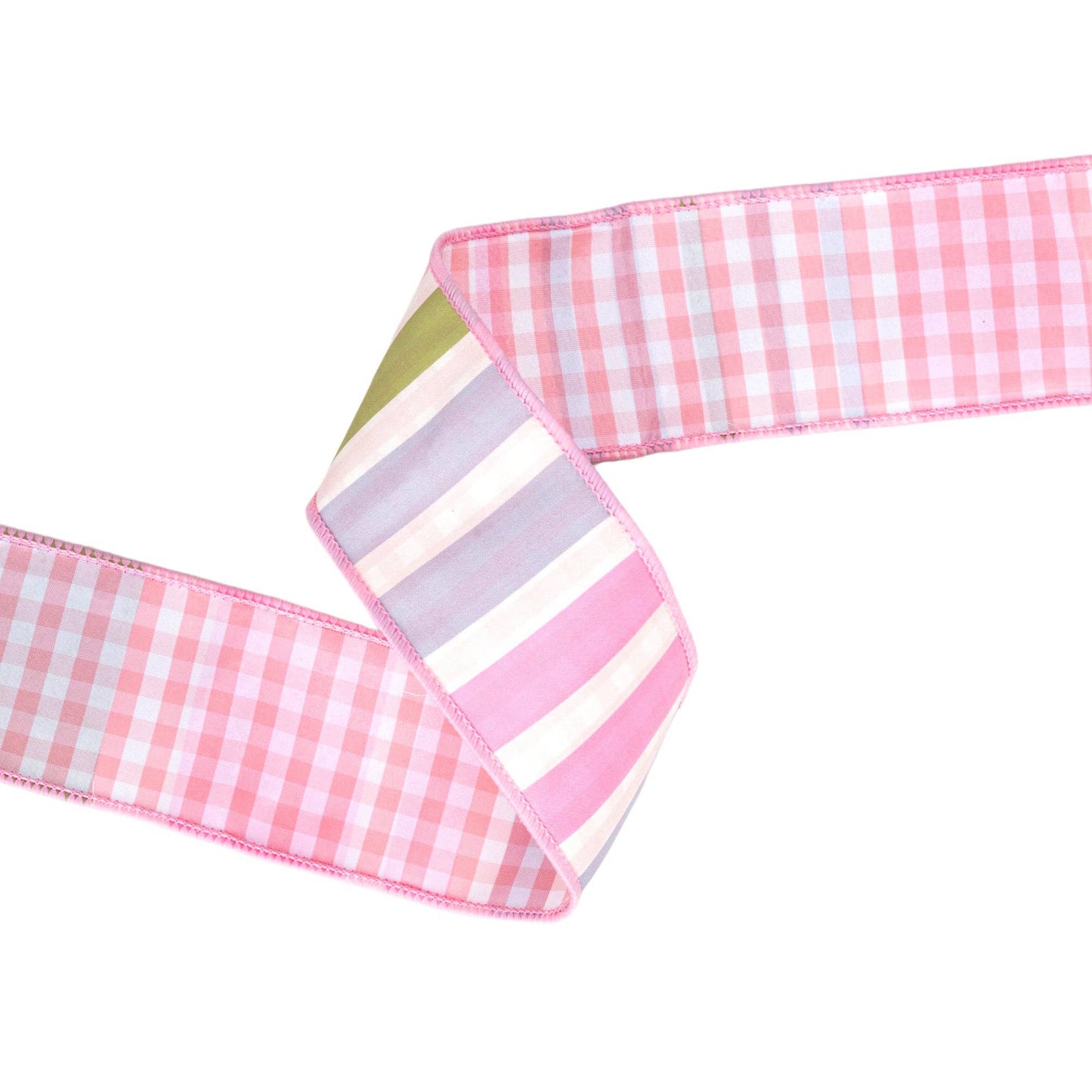 LA Ribbons Wholesale - 2 1/2" Wired Dupioni Ribbon | Green/Pink/Purple Large Horizontal Stripe with Pink Gingham Backing | 10 Yard Roll